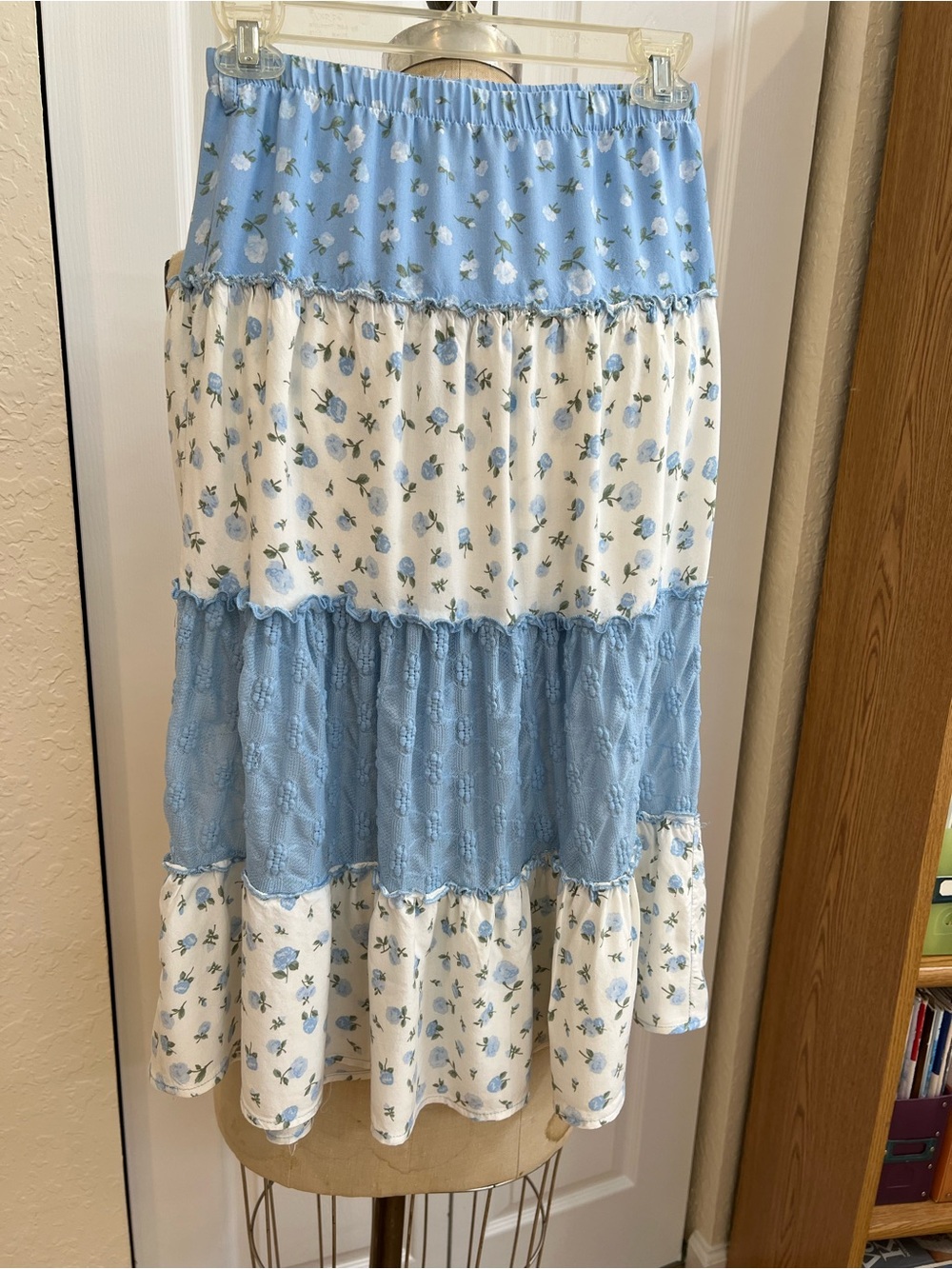 Girls' Blue and White Floral Tiered Midi Skirt